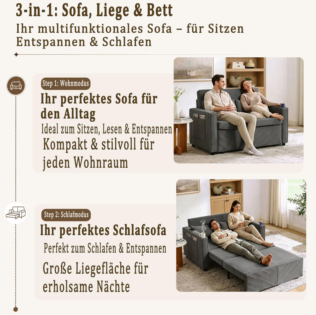 SCHLAFSOFA 2-Sitzer aus Holz und Stoff mit USB-Ladefunktion Dunkelgrau - Dunkelgrau, Holz (134/73/195cm) - Modenvie