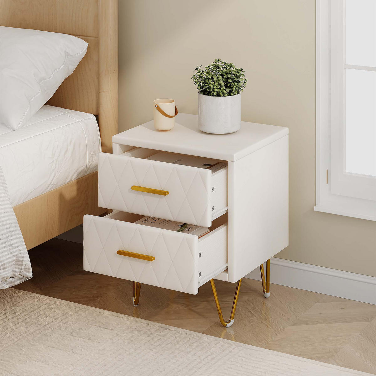 2ER Set Nachttisch Beige PU – Moderner Nachttisch mit 2 Schubladen - Beige, Holz (35.5/51/41cm)