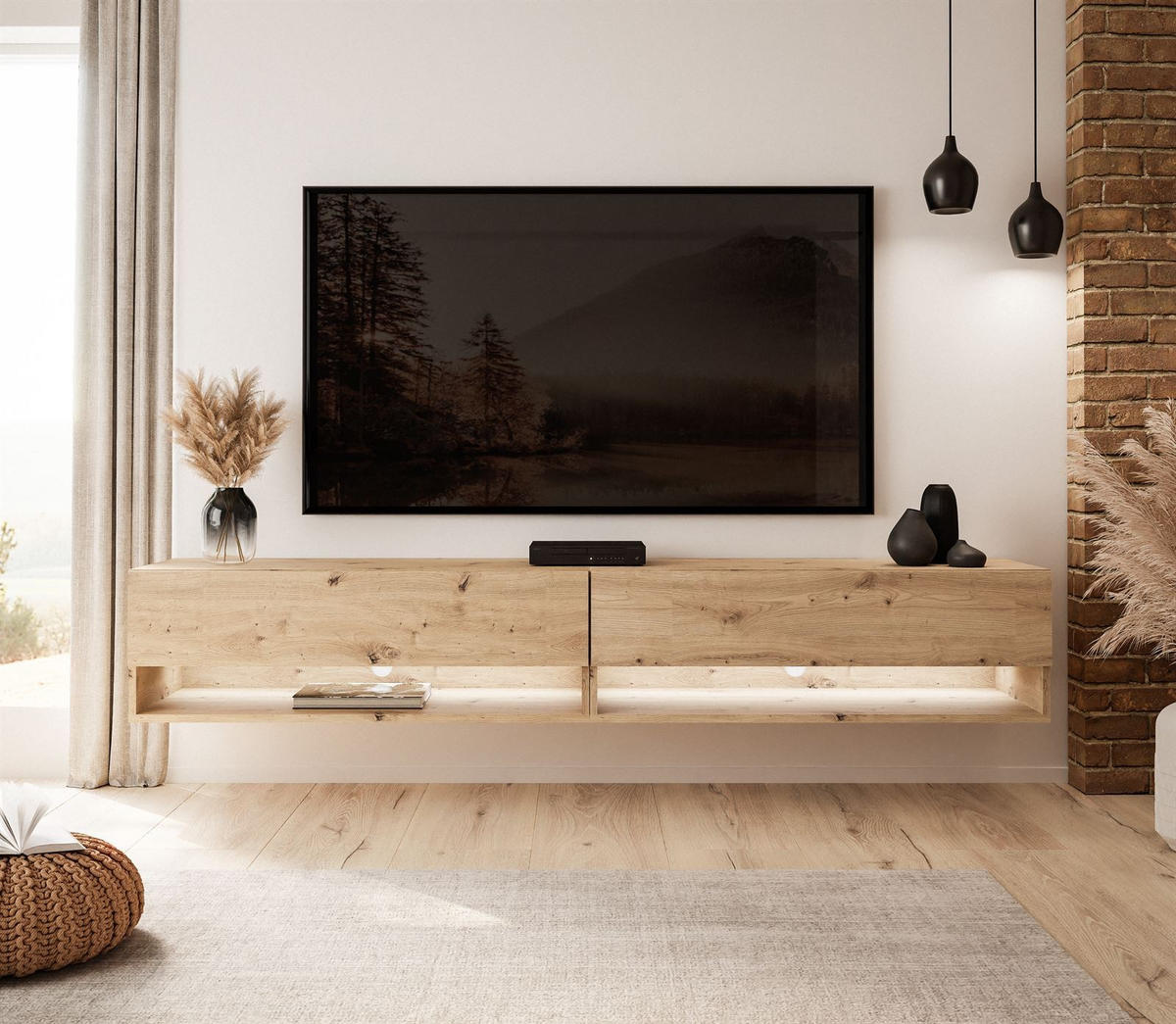 HÄNGESCHRANK TV-Möbel CALANTE LOFT 180 cm mit LED-Beleuchtung - Eiche Artisan, Holzwerkstoff (180/30/35cm) - Lookway