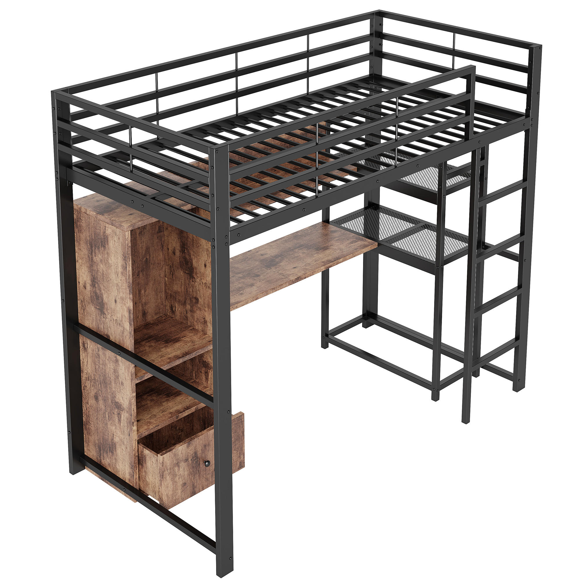 HOCHBETT 90/200 cm DE-04427, mit LED, Schreibtisch, Schublade und Regalen in Schwarz - Schwarz, Holzwerkstoff/Metall (90/200cm) - ComfortXL