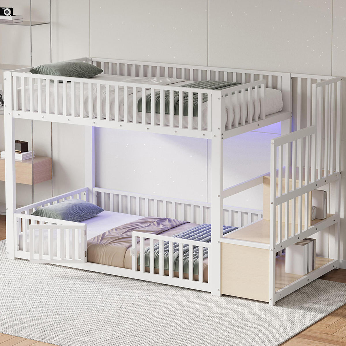 ETAGENBETT 90x200 cm mit Stauraumleiter und mit LED, Weiß - Weiß, Metall (90/200cm) - KOMHTOM