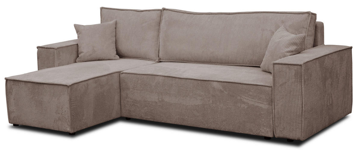 ECKSOFA Hugo L in L-Form mit Schlaffunktion und Bettkasten, Farbe: Hellbraun, Cordstoff, Ottomane Unsiversal - Hellbraun, Textil (244/145cm) - VENASI MÖBEL