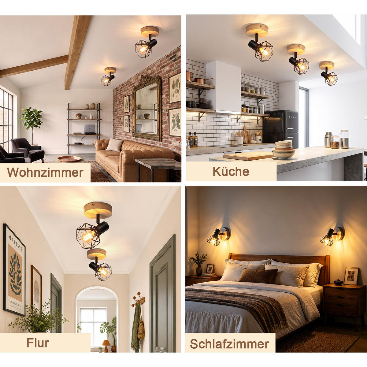 DECKENSTRAHLER Cynthveth 11.5/9.2/12.8 cm - Schwarz/Braun, Holz/Metall (11.5/9.2/12.8cm) - ZMH