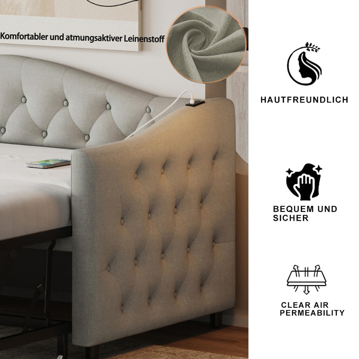POLSTERBETT 90/200 cm Grau aus Leinen mit USB-Anschluss - Grau, Textil (90/200cm) - OKMYHOME