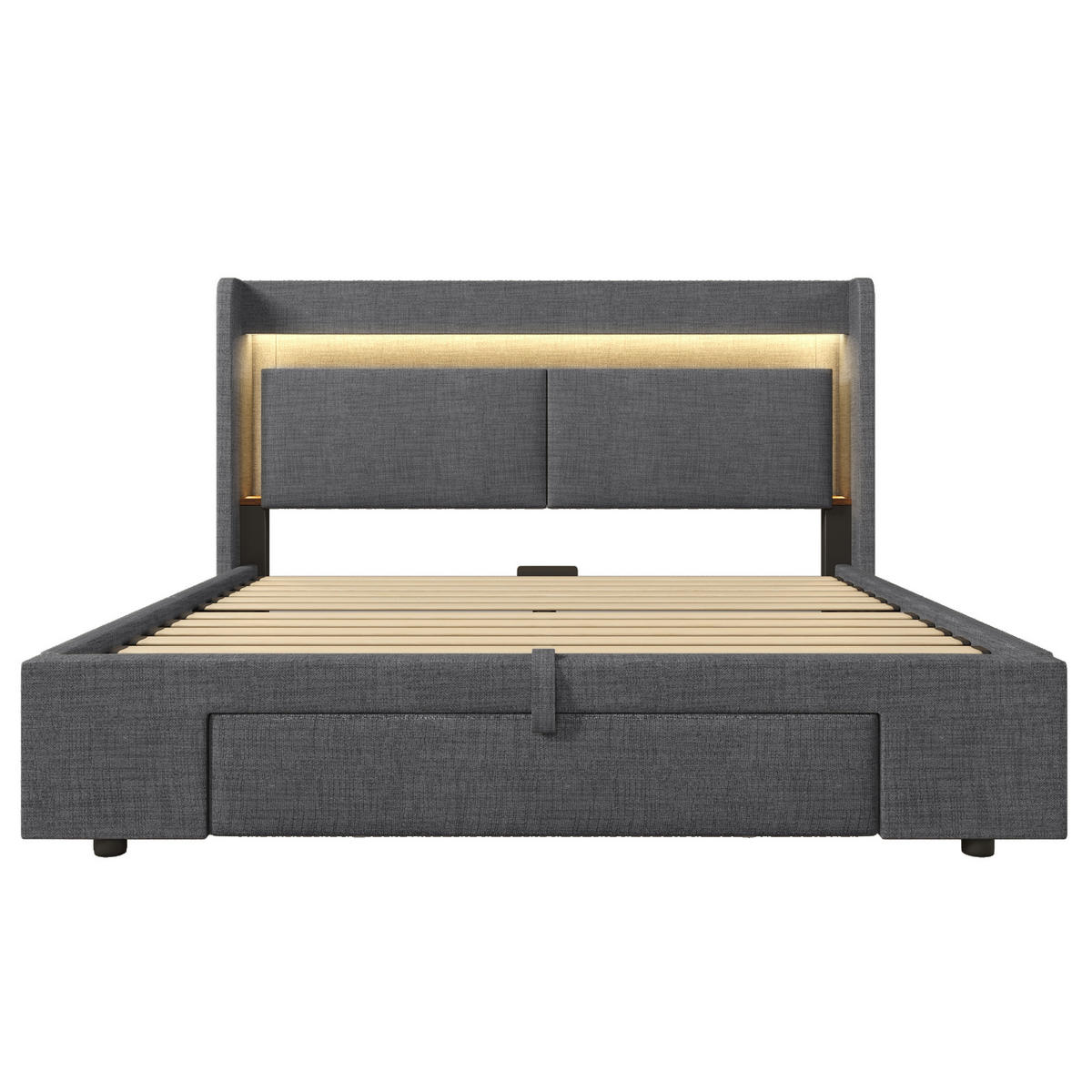 POLSTERBETT 160/200 cm mit LED, USB- und USB-C-Anschluss, hydraulischem Stauraum und Schublade, Leinen, Grau - Grau, Textil (160/200cm) - Redom