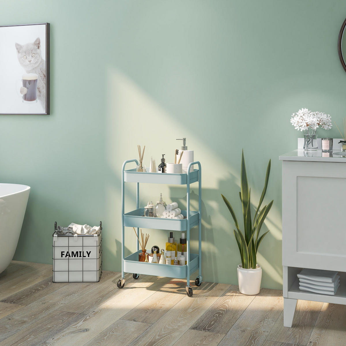 SERVIERWAGEN Rollwagen mit 3 Etagen, für Küche, Wohnzimmer, Stahl, Hellblau - Hellblau, Metall (30.6/79/45cm) - HOMCOM