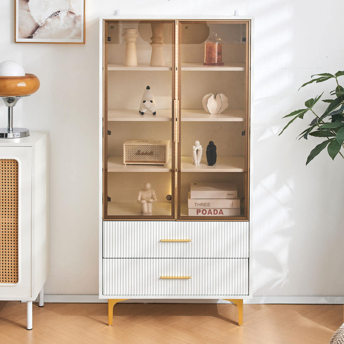 HIGHBOARD 70/35/150 cm in Weiß mit LED-Beleuchtung und 2 Schubladen - Weiß, Holzwerkstoff (70/150/35cm) - Flora Grace