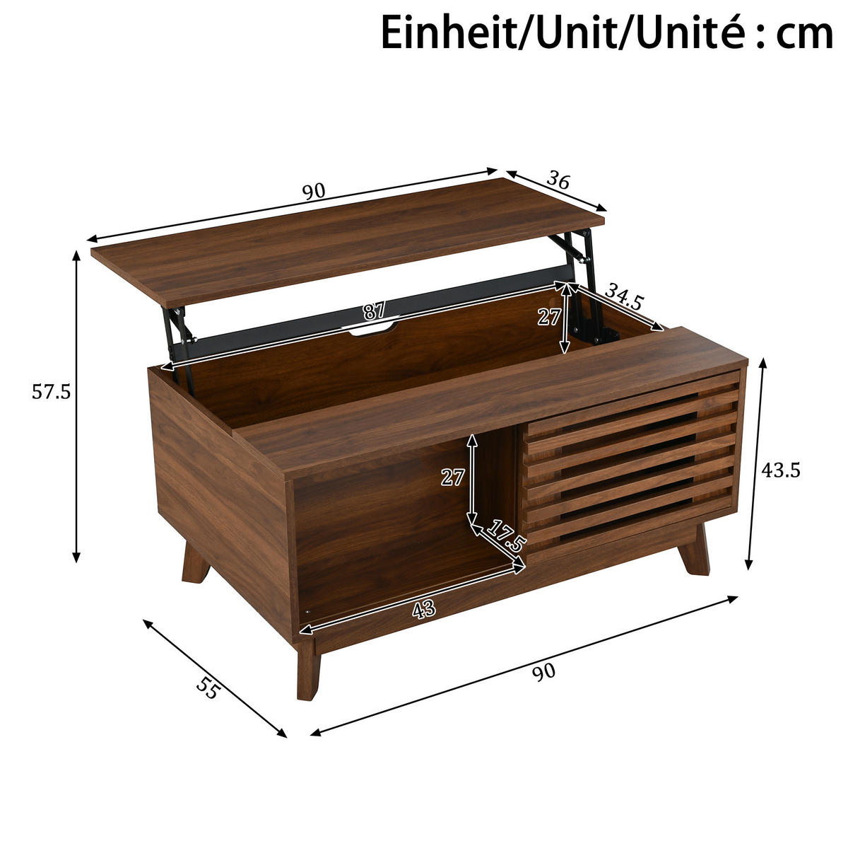 COUCHTISCH aus MDF 90x55x57,5 cm in Walnuss-Optik mit höhenverstellbarer Tischplatte und Stauraum - Nussbaumfarben, Holzwerkstoff (90/55/57.5cm) - IVMEU