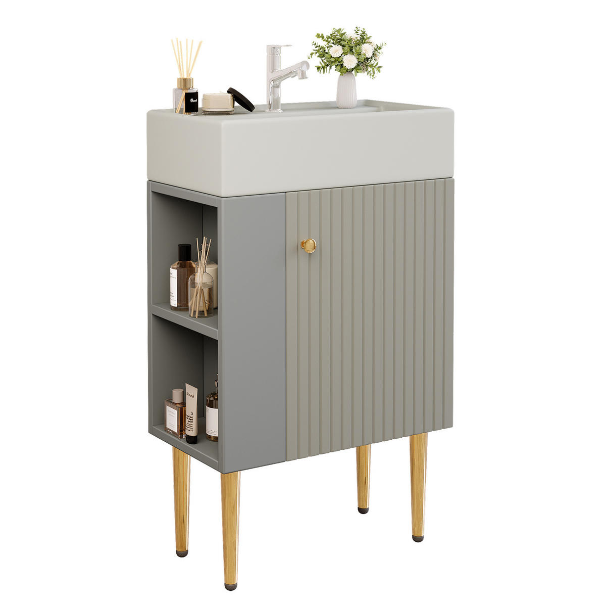 BADEZIMMERSCHRANK 55x31x91.5cm Grau-Weiß mit Hochglanz-Keramikbecken - Grau, Holzwerkstoff (55/91.5/31cm) - Modfu