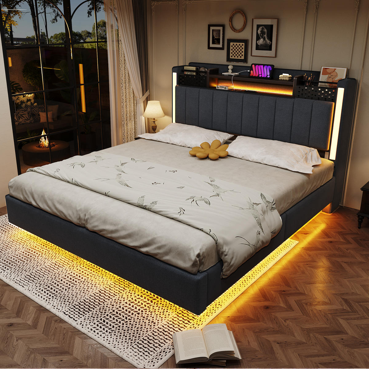 POLSTERBETT 140x200 cm LED USB grau - Grau, Textil (140/200cm) - LEBENLANG