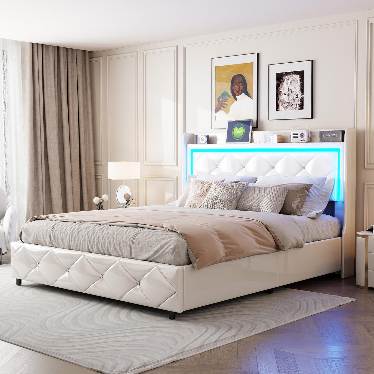 POLSTERBETT 140x200 cm, Weiß, LED-Beleuchtung und USB - Weiß, Textil/Metall (140/200cm)