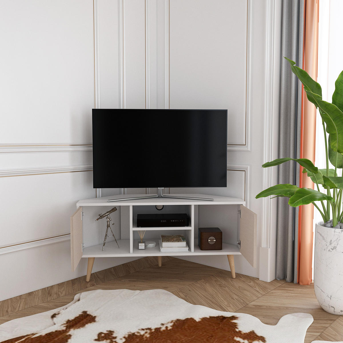 TV-ELEMENT Lesson Weiß Baumwollbeige - Weiß, Holzwerkstoff (120/59.8/45cm) - Decorotika