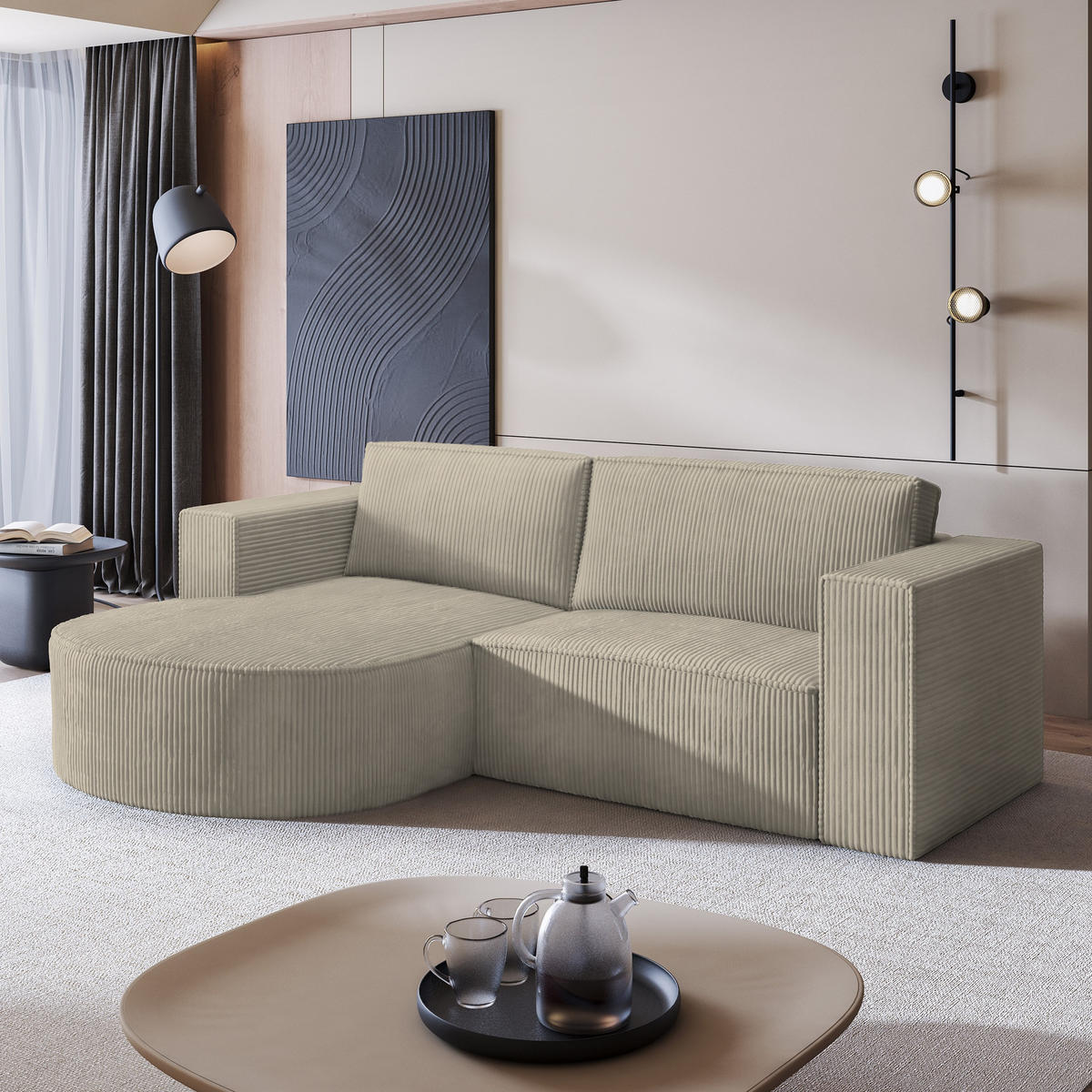 ECKSOFA SORELA P L-S Beige Kordstoff mit Schlaffunktion - Beige, Holz (263/174cm) - MASSENO