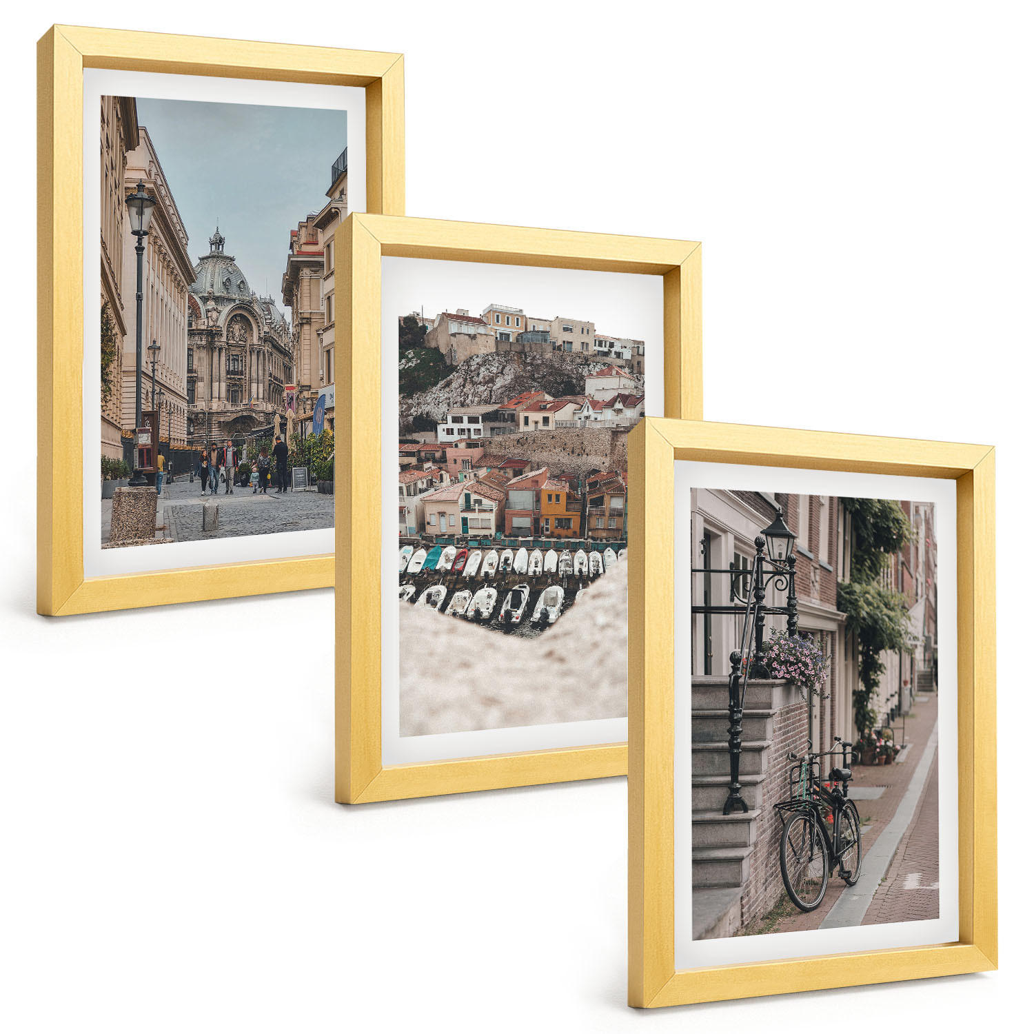BILDER SET 3er Set - 20x30 cm Goldrahmen - Die charmanten Straßen des Hafens der Stadt - Goldfarben, Kunststoff (20/30cm) - TULUP