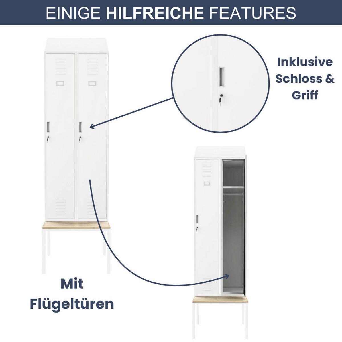 UMKLEIDESCHRANK Spind mit Sitzbank BARCA 2 Abteile 229,5x60x85cm Weiß - Weiß, Metall (60/229.5/85cm) - DELUKE