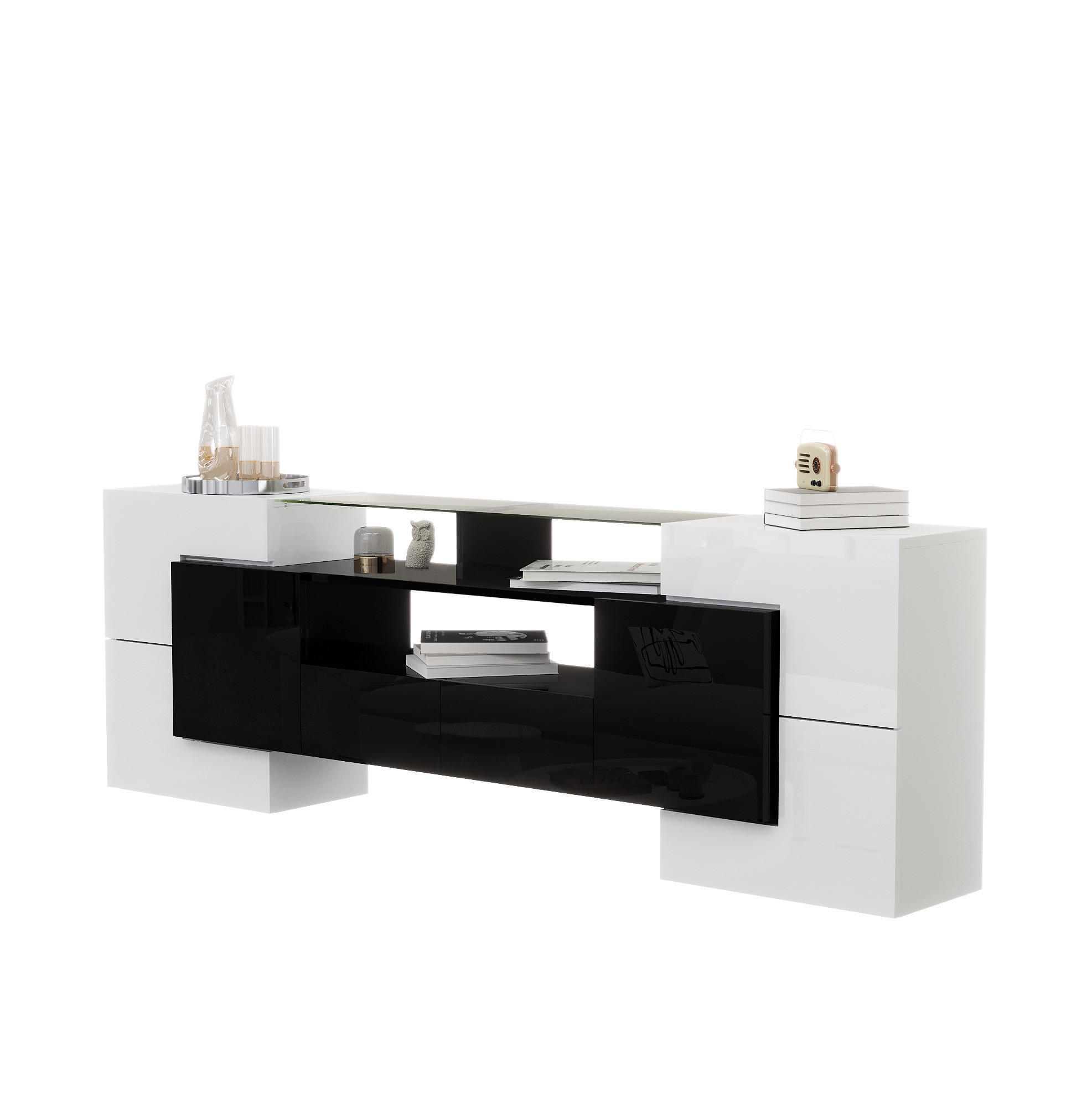 Redom TV stolek 200/35/60 cm s LED osvětlením, vysoký lesk a skleněná plocha, úložný prostor, Bílá/Černá