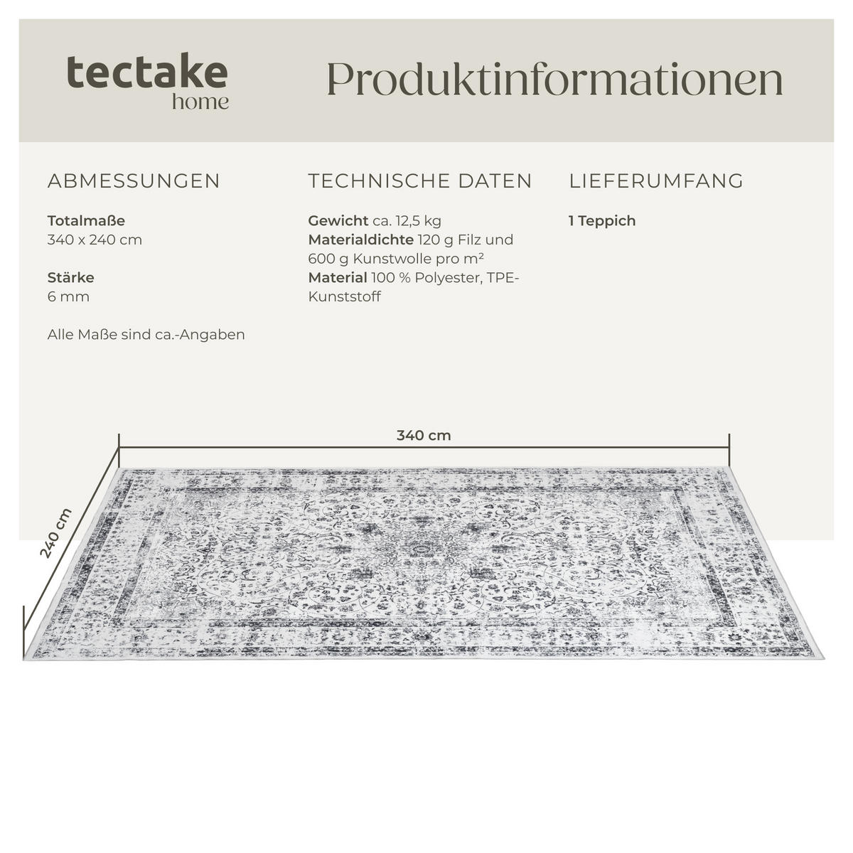 TEPPICH Vintage Design Aliya,rutschfeste Unterseite,grau - Grau, Textil (240/340cm) - tectake