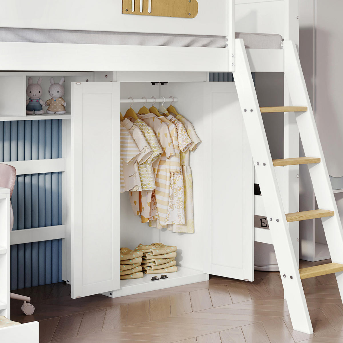 ETAGENBETT 90/200 cm in Weiß & Natur mit Regal, Schreibtisch und Kleiderschrank - Weiß/Naturfarben, Holz/Holzwerkstoff (90/200cm) - CHICFURN