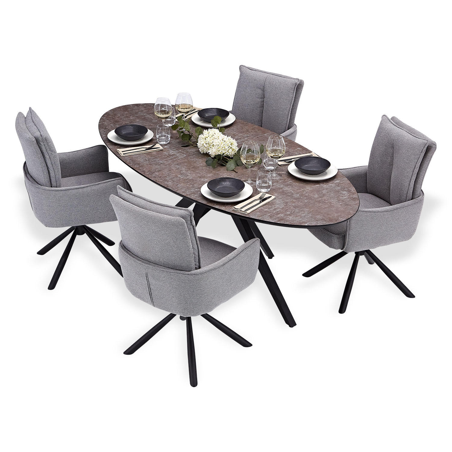 TISCHGRUPPE oval braun schwarz mit 4 Stühle Grau - Braun/Grau, Metall (95/94/200cm) - Homestyle4u