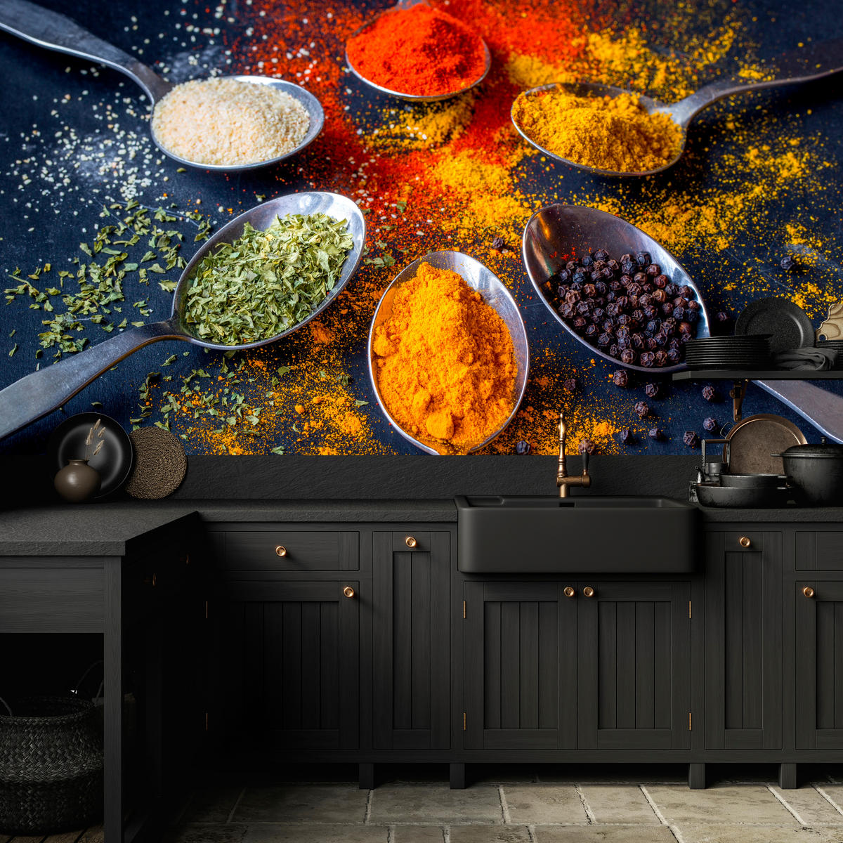 FOTOTAPETE für Küche Gewürzlöffel Orientalisch Curry Kurkuma Pfeffer 350x256 - Beige/Rot, Papier (350/256cm) - Muralo