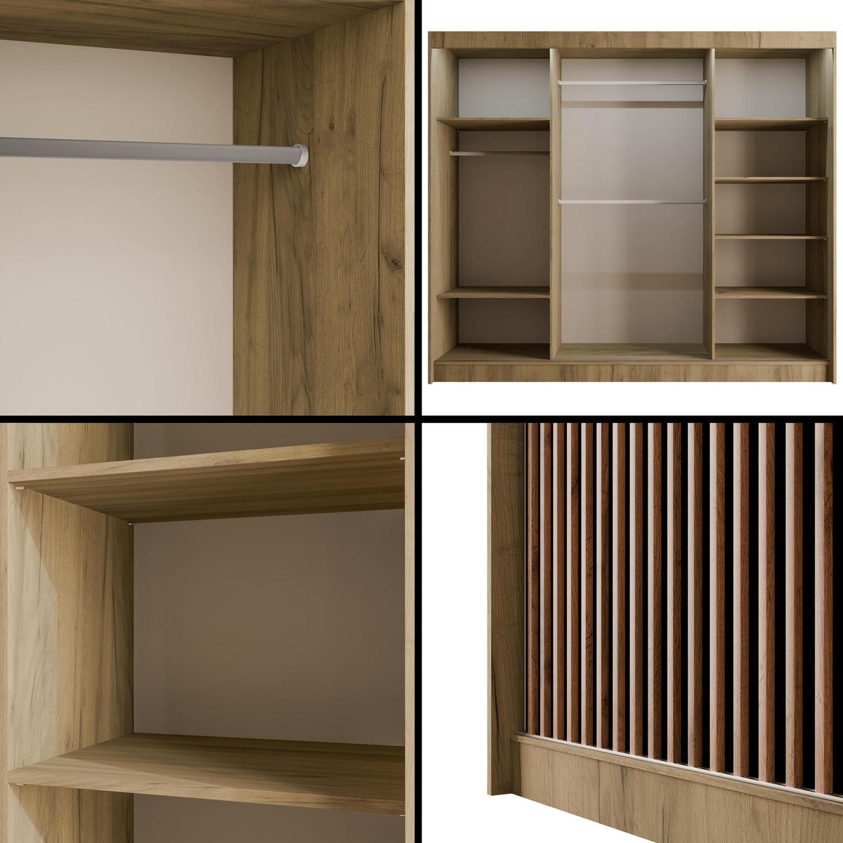 KLEIDERSCHRANK mit LED, Lamel-Schiebetüren VILANv2 - 250 cm Eiche Kraft + Lamelle Eiche Wotan - Hellbraun/Eiche Wotan, Holzwerkstoff (250/215/61cm) - ALTDECOR