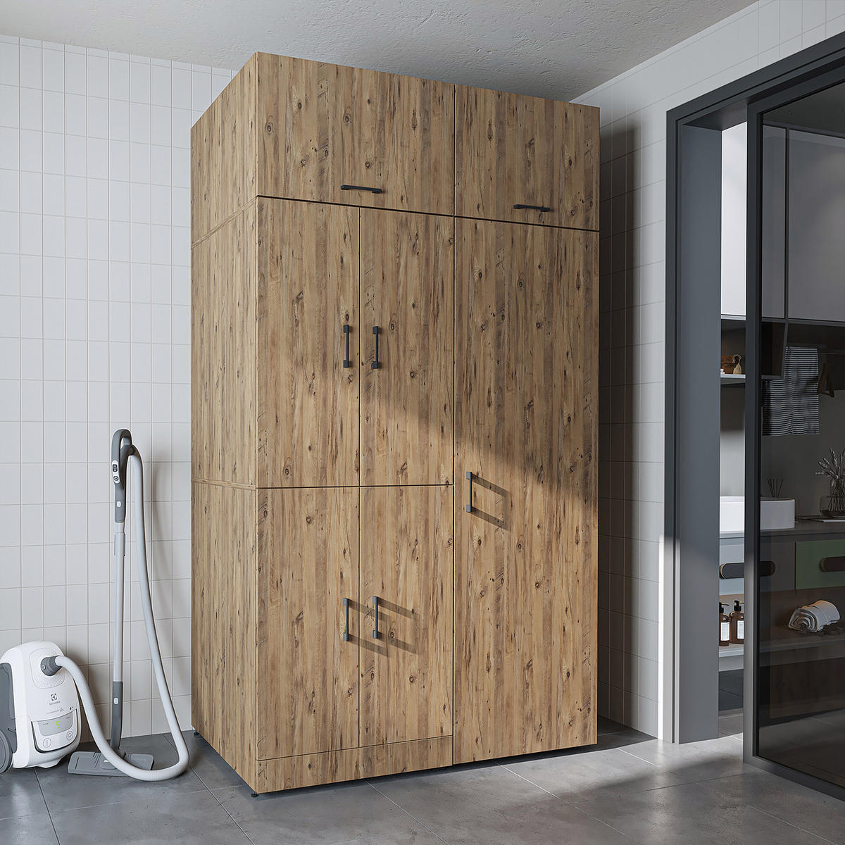 WASCHMASCHINENSCHRANK DORA-II 130cm Breit, 230cm Hoch - Eichefarben, Holzwerkstoff (130/230/73.8cm)