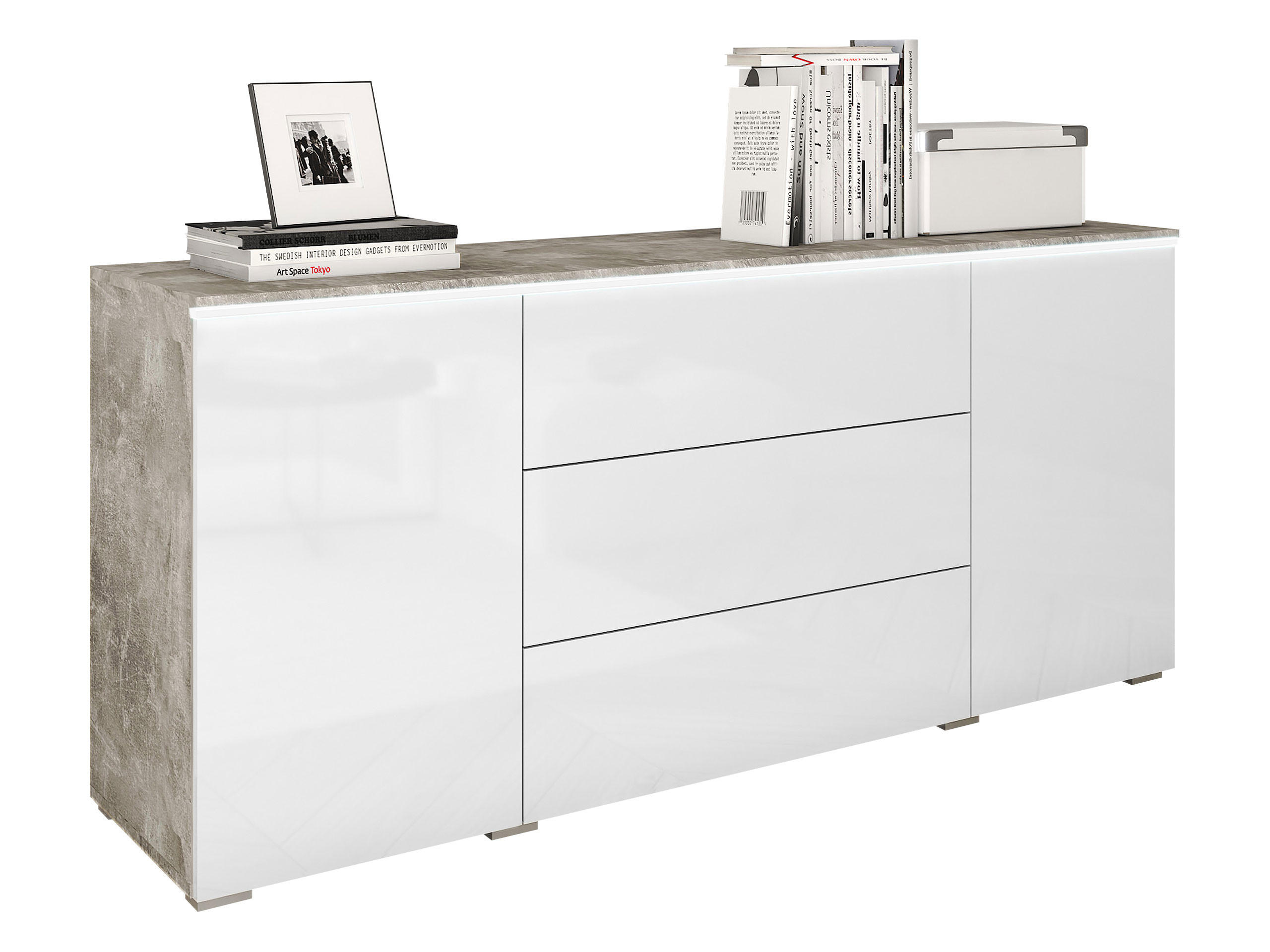 SIDEBOARD Vera 150 mit weißer LED Beleuchtung - Weiß Hochglanz/Hellgrau, Holzwerkstoff (150/66/40cm) - MIRJAN24