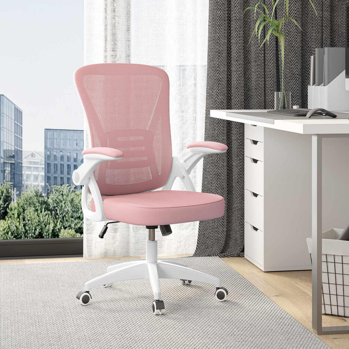BÜRODREHSTUHL ergonomisch, mittelhohe Rückenlehne, klappbare Armlehnen – Rosa - Pink, Metall (50/102/50cm) - Rattantree
