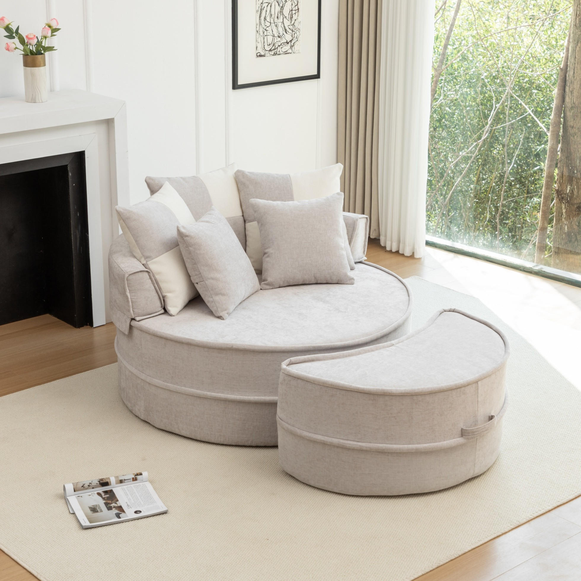 LOUNGESESSEL 121/107 cm mit Ottomane und 5 Kissen, aus Chenille und Schaumstoff, Grau - Grau, Kunststoff (121/66/163cm) - Redom