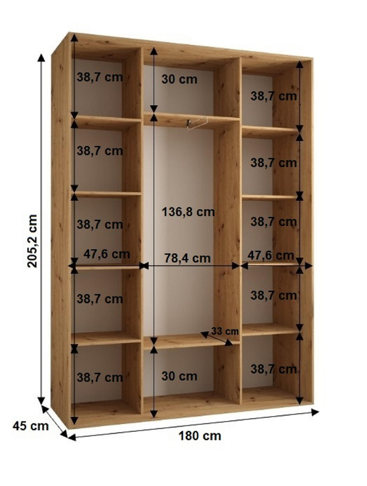 SCHWEBETÜRENSCHRANK 205,2/180/45 3-türig - Schwarz/Eiche Artisan, Holz/Metall (180/205.2/45cm) - Abiks Möbel