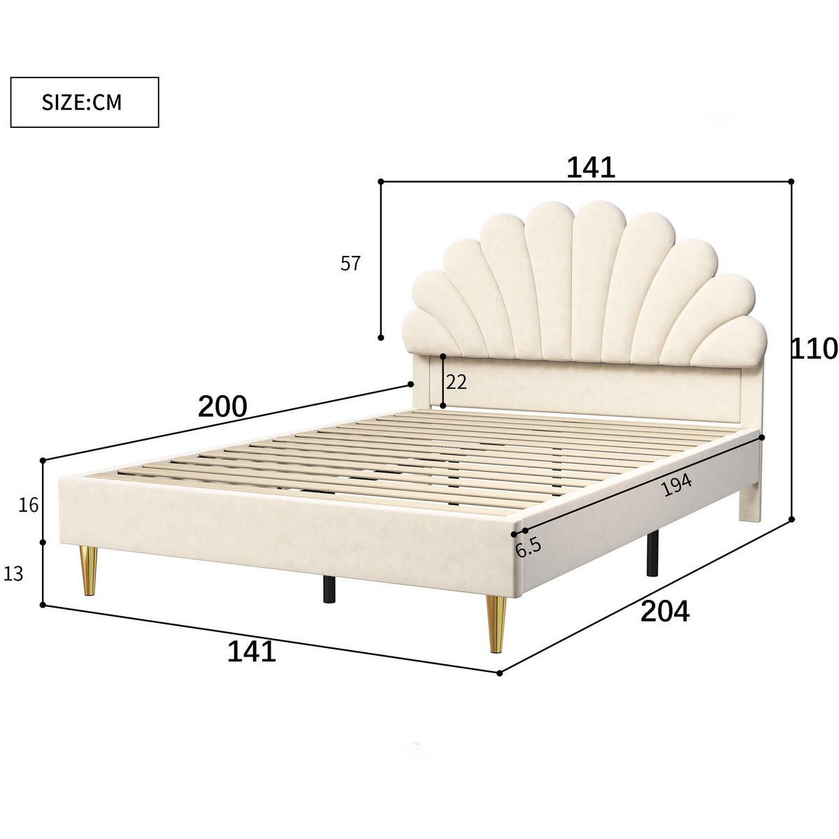 POLSTERBETT 140 x 200, Kinderbett mit Lattenrost, Blütenblattförmiges Kopfteil, Samt, beige - Beige, Holzwerkstoff/Textil (140/200cm) - GENKI LIVING