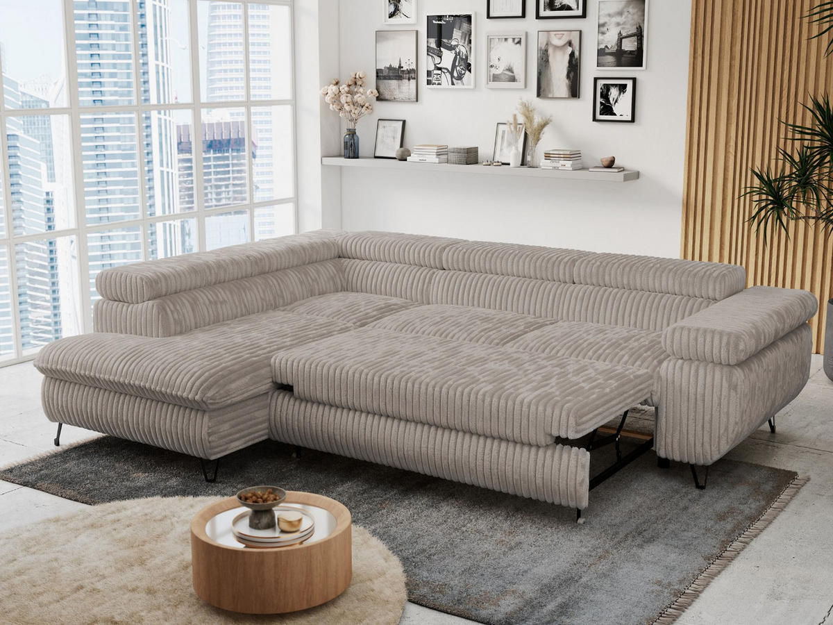 ECKSOFA PETER L Hellbraun Cord - Links Seite - Hellbraun/Schwarz, Textil/Metall (208/273cm) - MKS