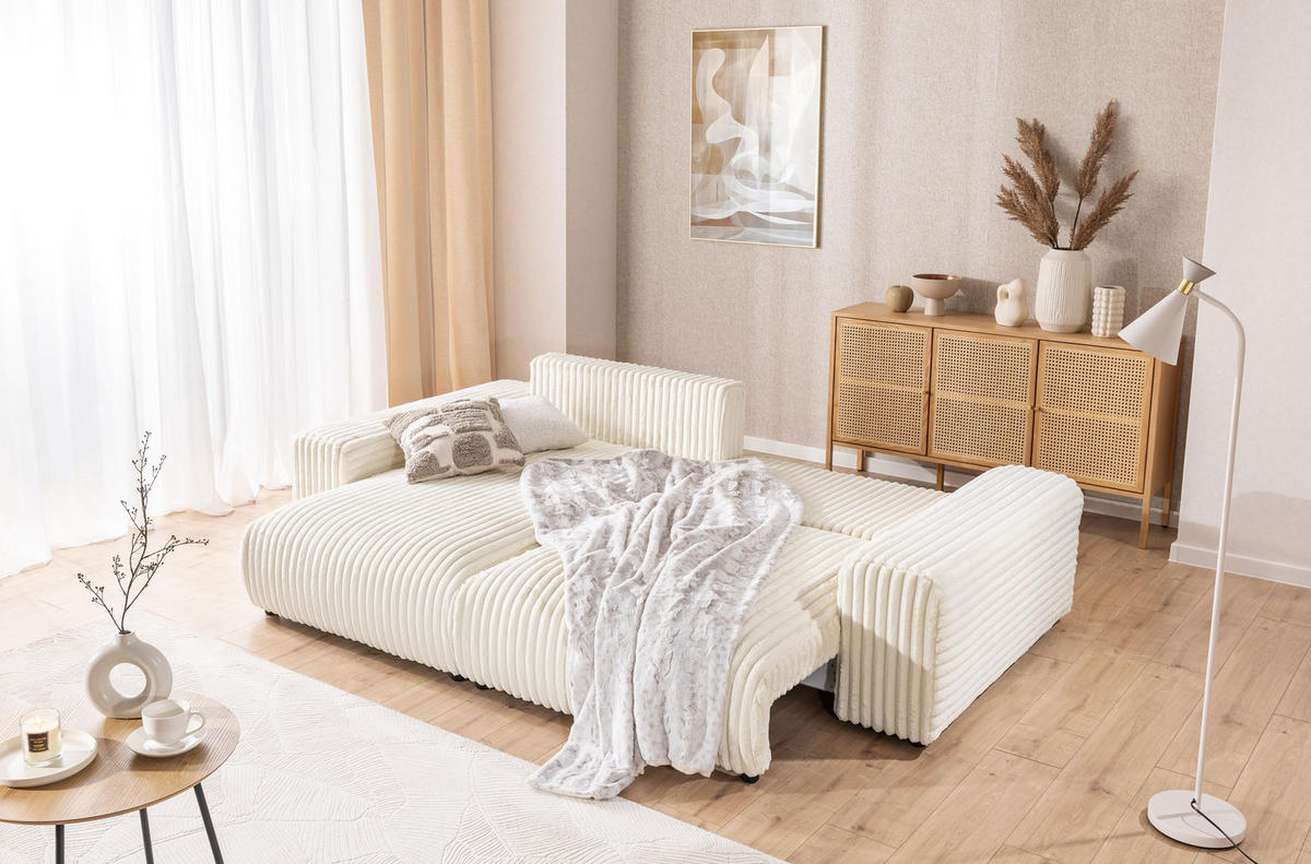 ECKSOFA Mollis Hellbeige Plüschcord - Ottomane Links - Beige/Schwarz, Holz/Kunststoff (255/168cm) - S-Style Möbel