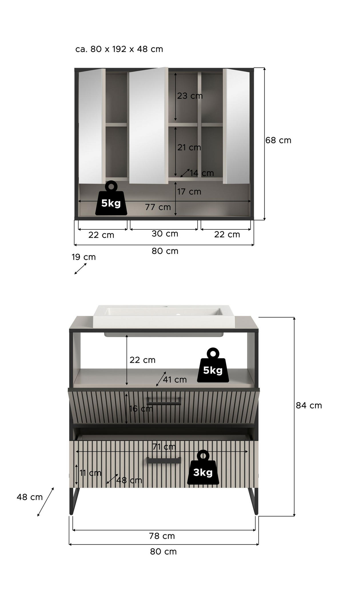BADKOMBINATION Bagno 80x192x48 cm Kaschmir Schwarz 2tlg. - Kaschmir, Holzwerkstoff (80/192/48cm)
