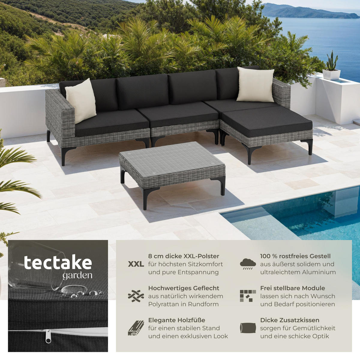 RATTANLOUNGE Konstanza,mit Sicherheitsglasplatte,grau - Grau, Metall - tectake