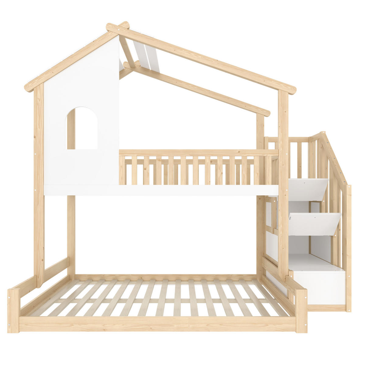 ETAGENBETT 90/200 cm + 140/200 cm mit Stauraumleiter, Hausoptik und Bettgitter aus Kiefernholz, Natur/Weiß - Naturfarben, Holzwerkstoff (90/200cm) - Redom