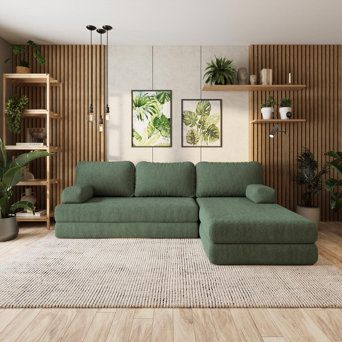 ROHOVÁ SEDAČKA LEA modulární Boneless pohovka s funkcí spaní, zelená barva QUELLE 37 - zelená barva, textil (270/160cm) - MASSENO