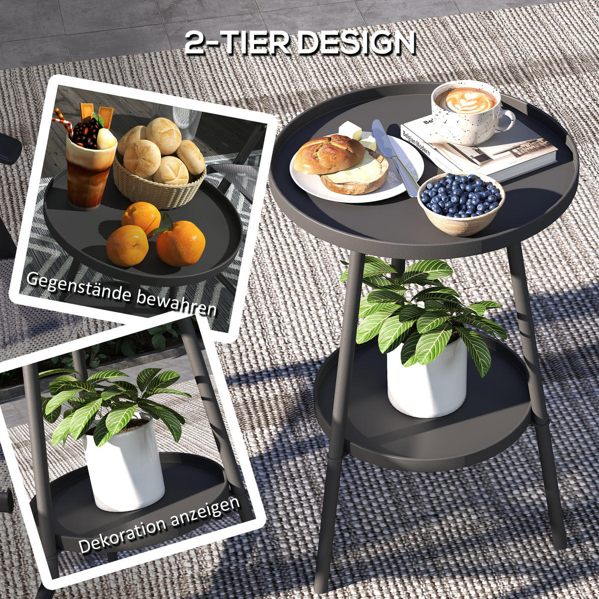 BEISTELLTISCH mit 2 Etagen rund Schwarz - Schwarz, Metall (32/32/51cm) - Outsunny