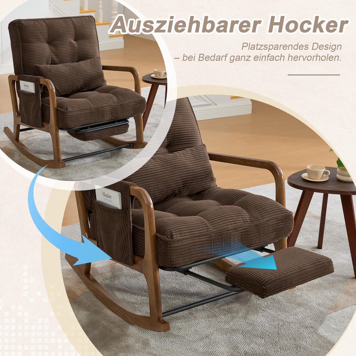 SCHAUKELSTUHL Kaffee Cord mit Fußstütze, Seitentaschen und verstellbarer Lehne - Mokka, Textil (80/92/70cm) - Oxeza