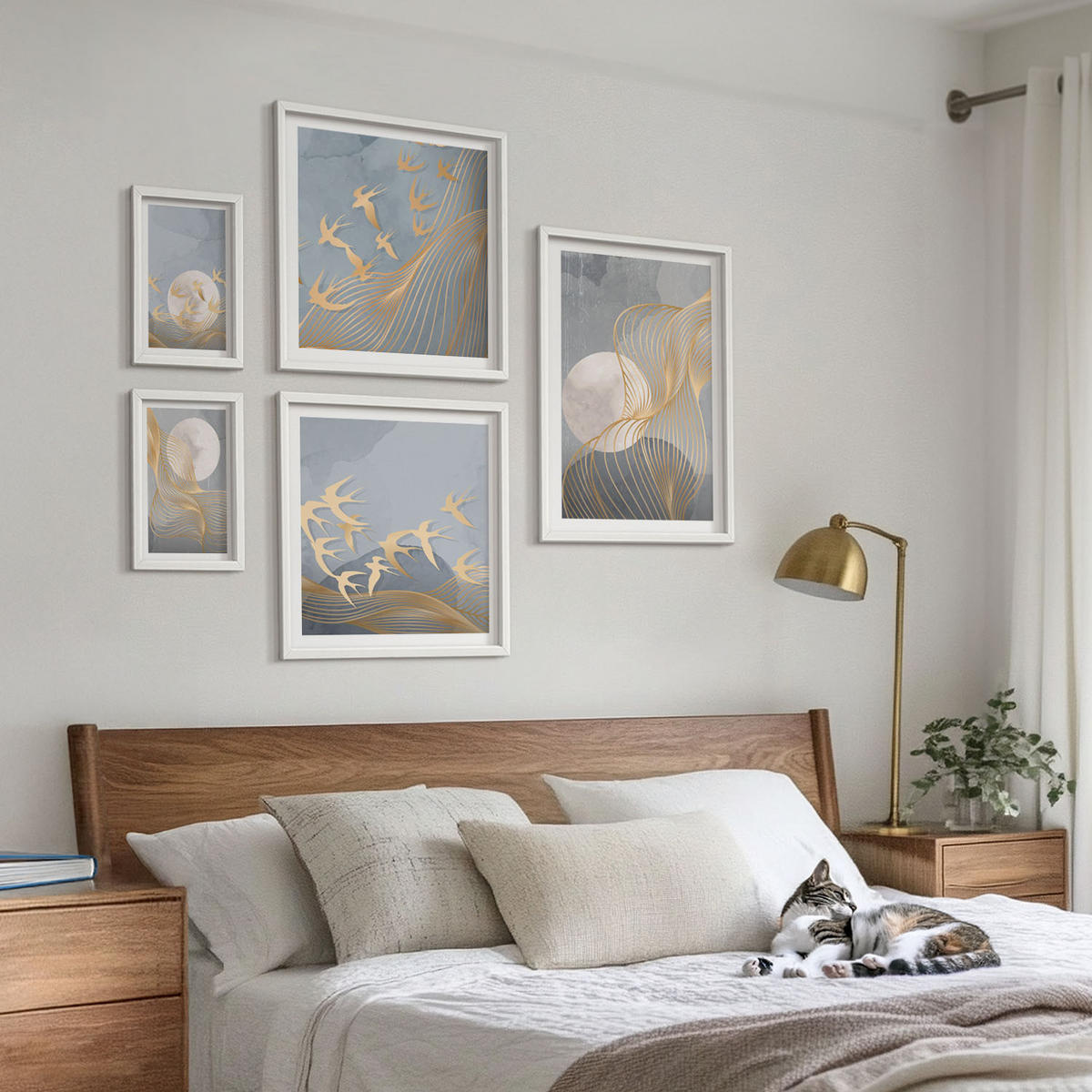 BILDER SET 5er Set - 50x50 cm & 20x30 cm & 40x60 cm Weißer Rahmen - Abstrakte Wellenkreise, grau - Weiß, Kunststoff (40/60cm) - TULUP