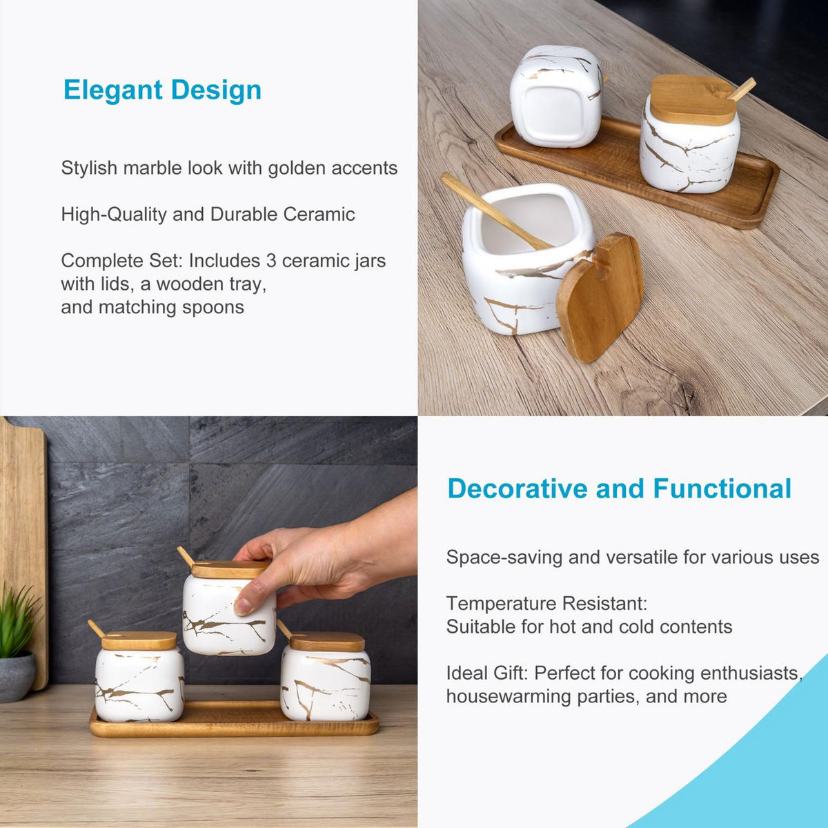 ZUCKERDOSE Vorratsdose mit Deckel Löffel Holztablett (3er-Set) - Weiß, Keramik (8.5/11.5cm) - Intirilife