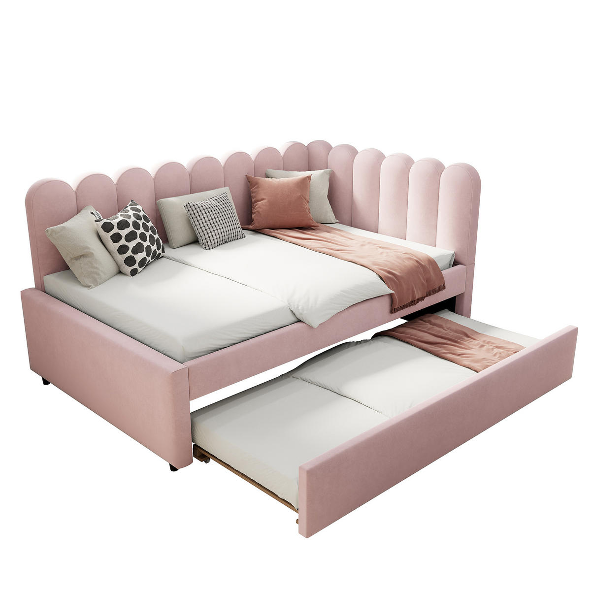 BETT aus Samtstoff 140x200 cm Rosa mit Ausziehbett, L-Form und blütenblattförmiger Rückenlehne - Rosa, Leder (140/200cm) - Modfu
