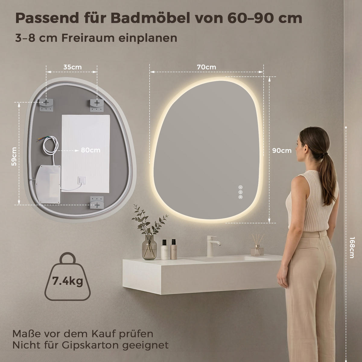 BADSPIEGEL mit Beleuchtung 90/70 cm asymmetrisch rahmenlos LED dimmbar mit Antibeschlag - Transparent, Glas (70/90/2.5cm) - S'AFIELINA