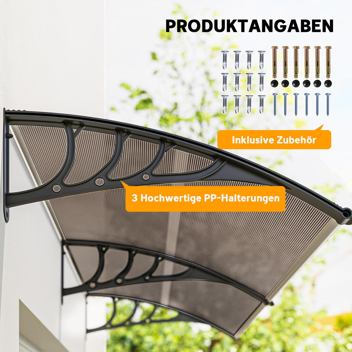 PULTVORDACH Vordach für Haustür 75x195x23 cm 5mm Polycarbonat Alu Braun - Braun, Kunststoff (195/23/75cm) - Outsunny