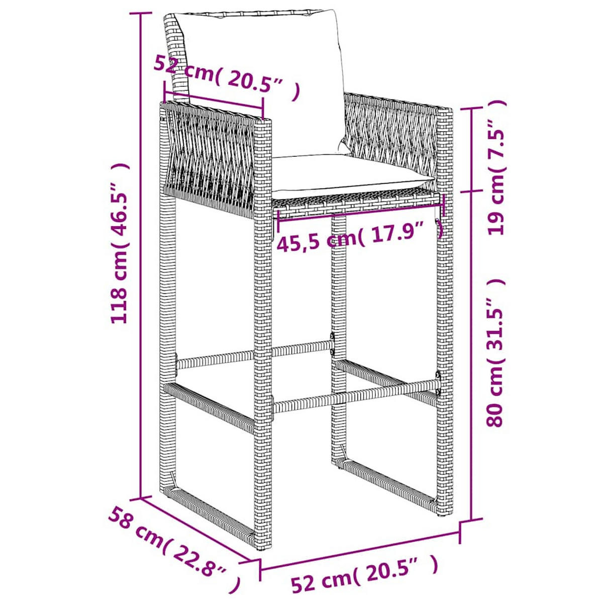 GARTEN-BARHOCKER Mit Kissen 2 Stk. Grau Poly Rattan - Grau, Kunststoff (58/118/52cm) - vidaXL