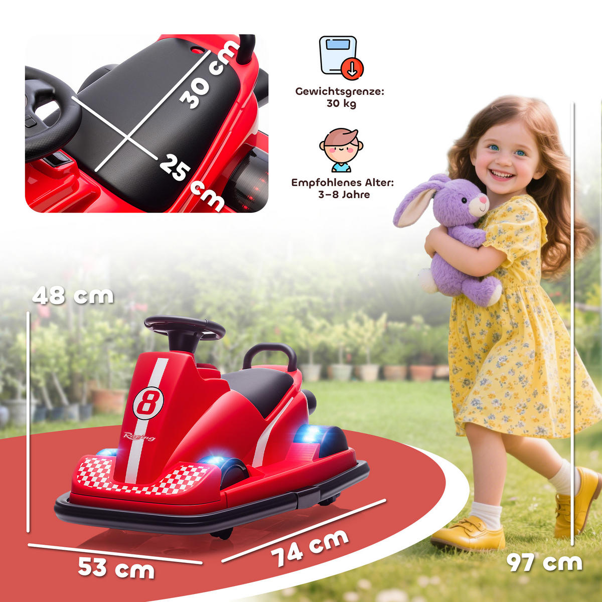 AUTOSCOOTER DE-06256 360° drehbar mit Lenkrad und LED-Lichtern Rot - Rot, Kunststoff/Metall (74/53/48cm) - ComfortXL