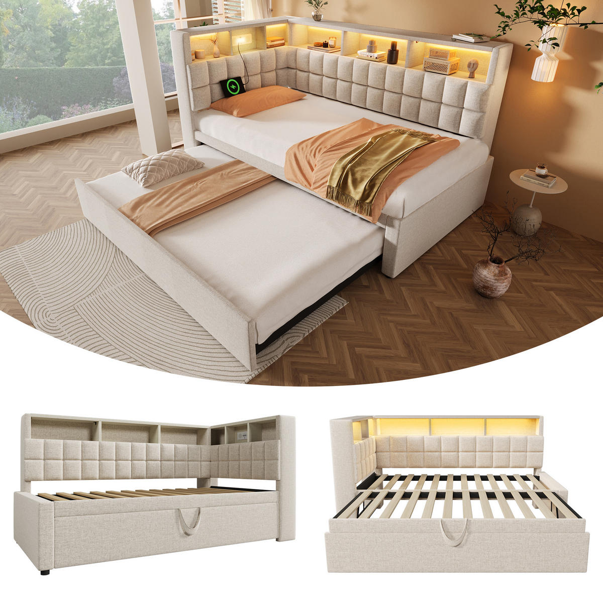 ČALÚNENÁ posteľ z ľanovej zmesi 90x200 cm béžová s výsuvným lôžkom, LED osvetlením, Bluetooth a USB/Type-C nabíjaním - béžová, textil (90/200cm) - Modfu