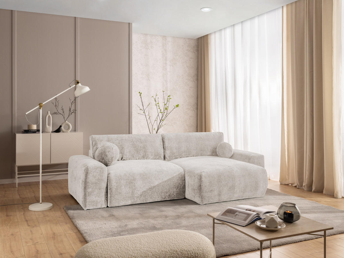 ECKSOFA Puffy mit Schlaffunktion und Bettkasten - besonders weich und puffig aus Beige Stoff mit Chenillestruktur - Ottomane rechts - Beige/Schwarz, Holz/Kunststoff (266/138cm) - S-Style Möbel