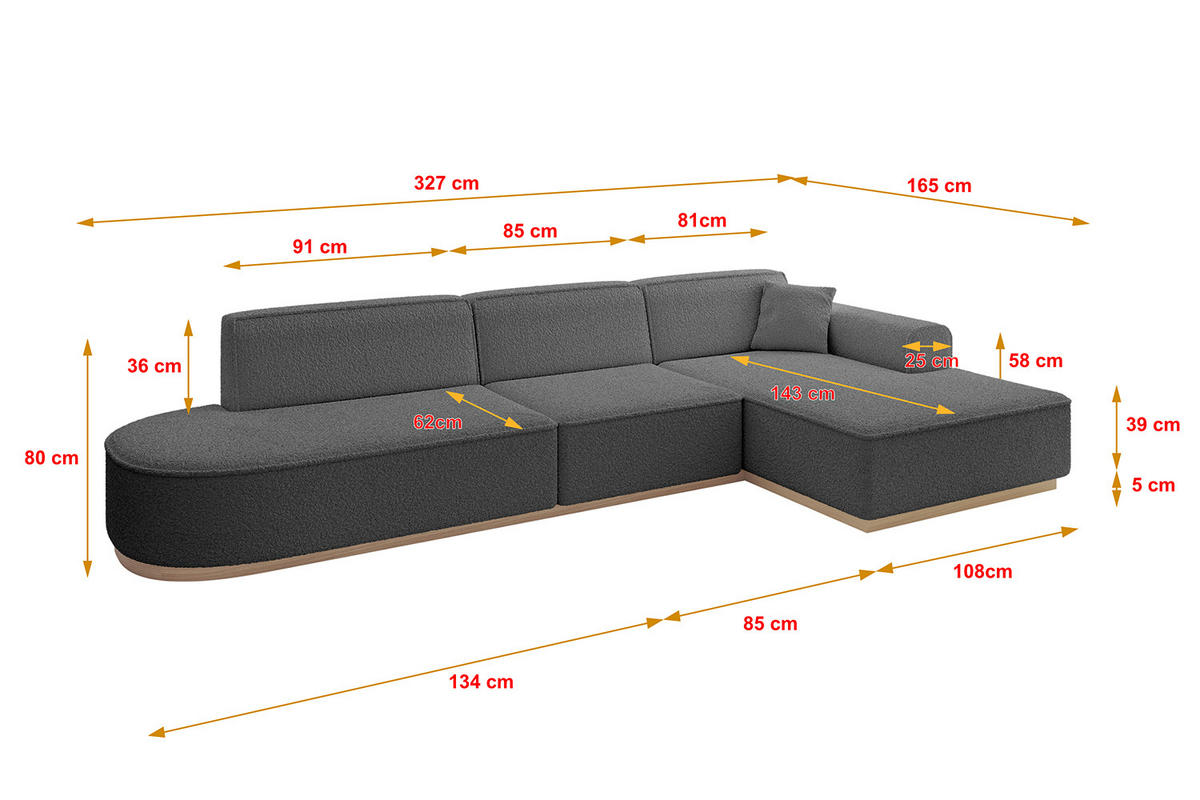 ECKSOFA Ottomane Rechts IREA-L2 - 327x165x80 cm Grau - Olivgrün, Holzwerkstoff/Textil (327/165cm) - ALTDECOR