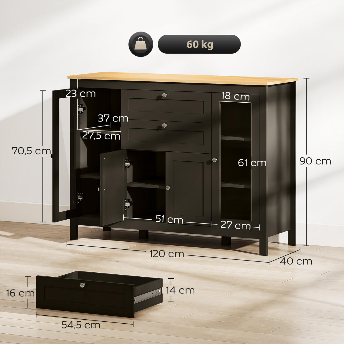 SIDEBOARD DE-11209 3 Schränke (2 mit Glas) Schwarz - Schwarz, Holzwerkstoff (120/90/40cm) - ComfortXL